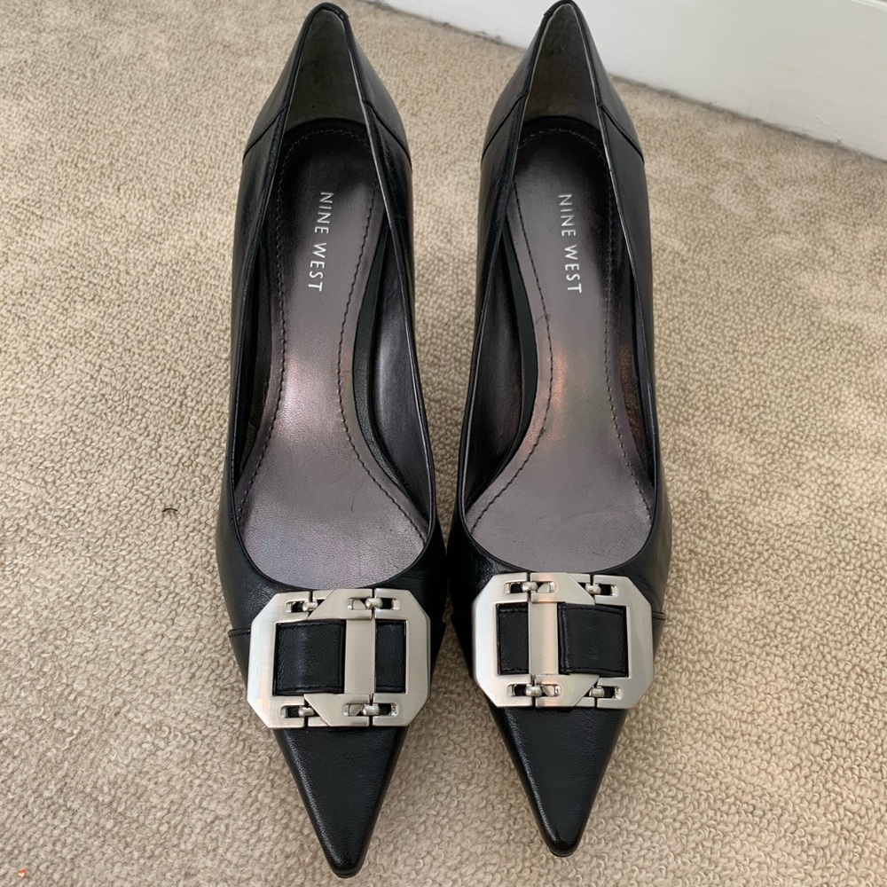 Nine West Black Noire Heels With Silver Buckle